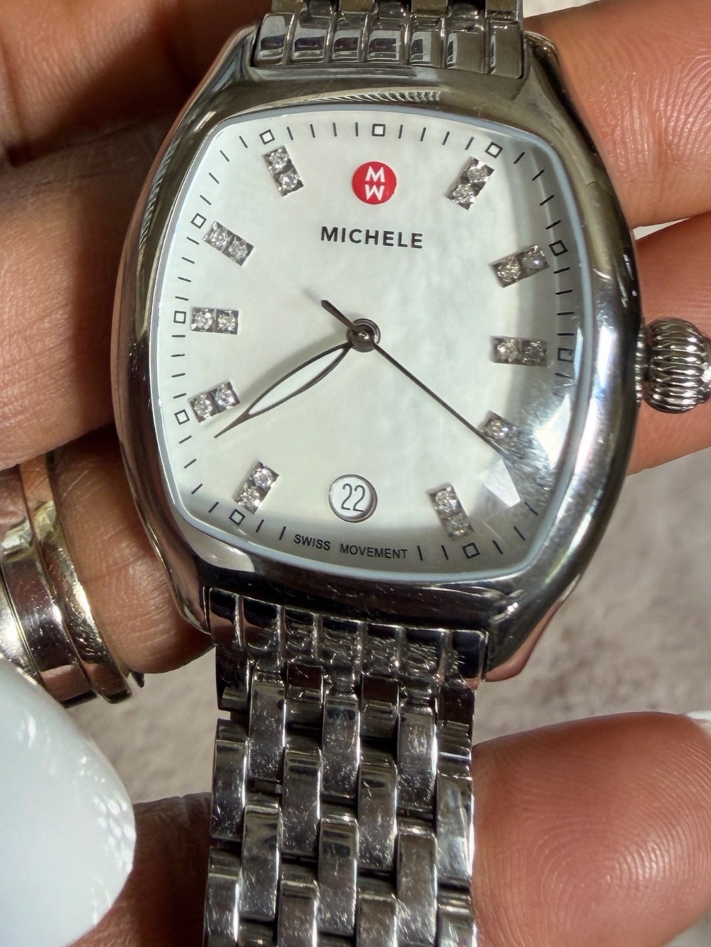 Michele Silver-Tone Stainless Steel Diamond Accent Watch with White Dial